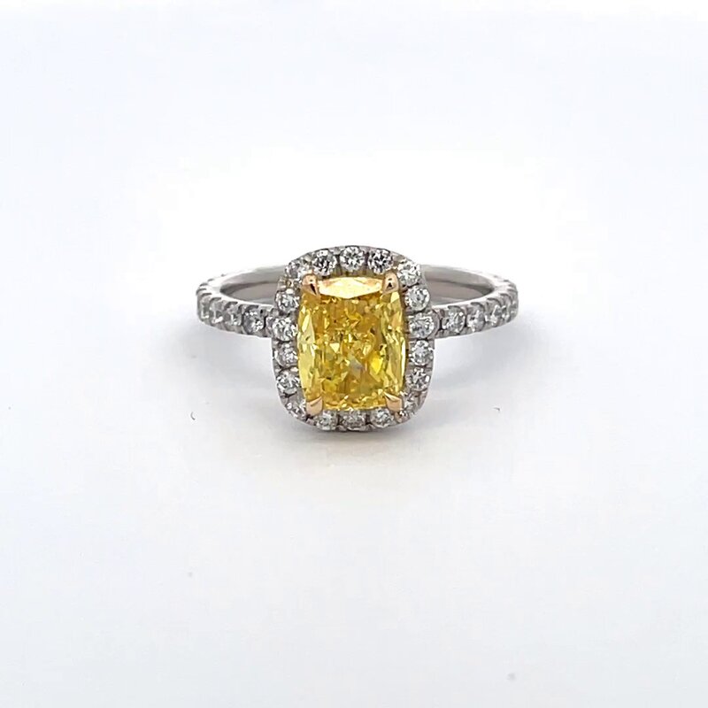 Yellow Elongated Cushion Halo Diamond Engagement Ring 360° view
