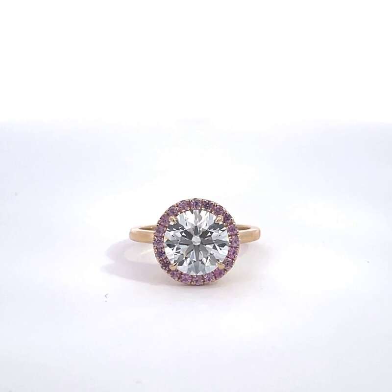 Yellow Gold Round Cut Diamond with Pink Sapphire Halo Engagement Ring 360° view