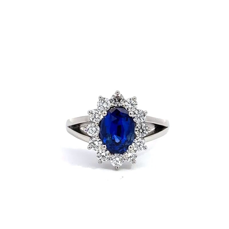 Oval Blue Sapphire Diamond Cluster Split Shank Diamond Engagement Ring 360° view