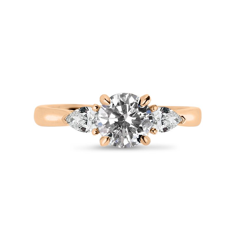 Round Trilogy Pear Cut Side Stones Rose Gold Diamond Ring