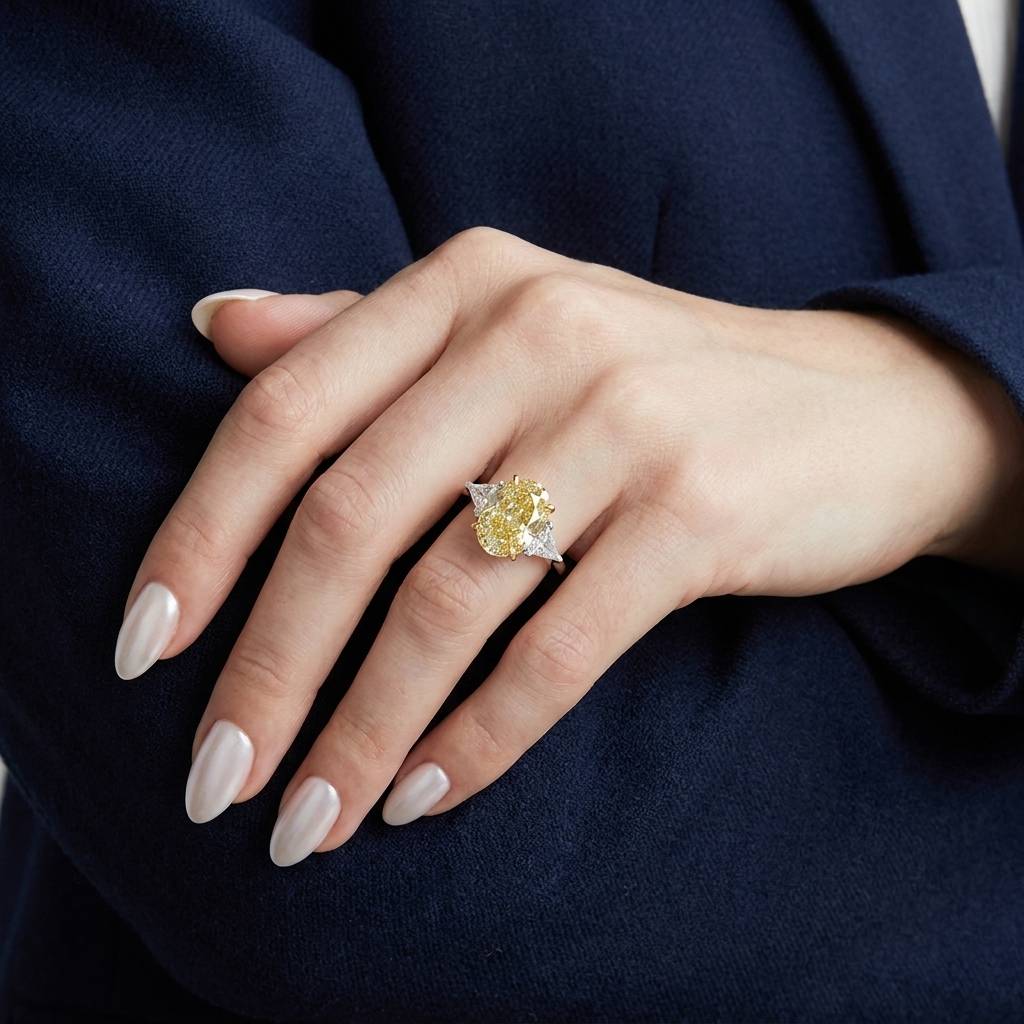 Reve Diamonds Yellow Oval Diamond Triangle Side Engagement Ring on hand